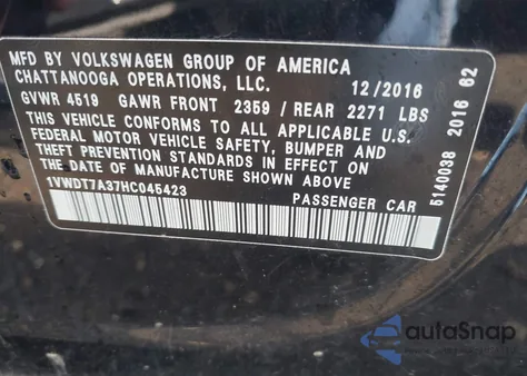 2017 Volkswagen Passat 1.8T R-Line from USA, damaged, VIN 1VWDT7A37HC045423